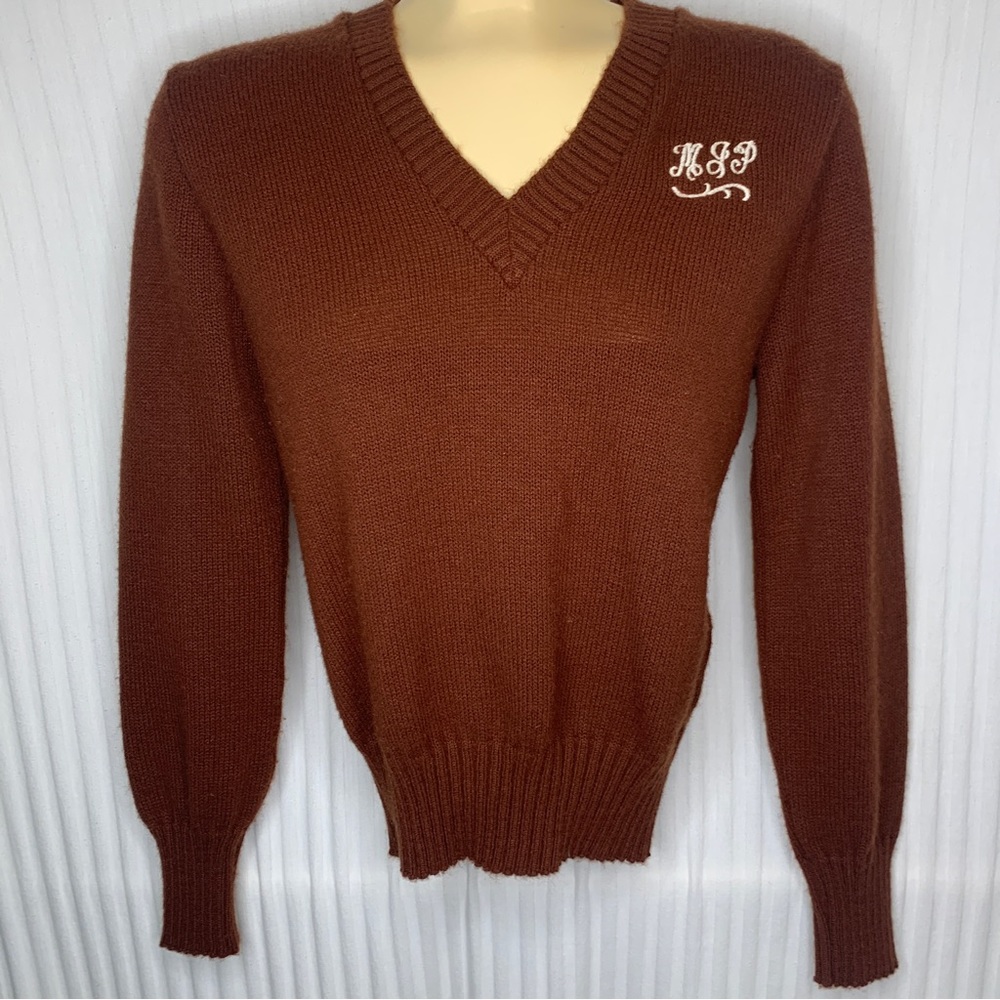 Embroidered Wool V Neck Grunge Sweater Size S Burgundy MLP Initials Nerd Geek